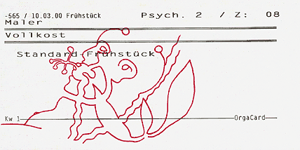 Hannes Kater: Zeichnung auf Laufzettel der Pychatrie Mainz Von Chaos und Ordnung der Seele II, Mainz 2000, 283x136 Pixel