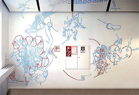 Hannes Kater: Zeichnung auf Laufzettel der Pychatrie Mainz  Von Chaos und Ordnung der Seele II, Mainz 2000, 283x136 Pixel
